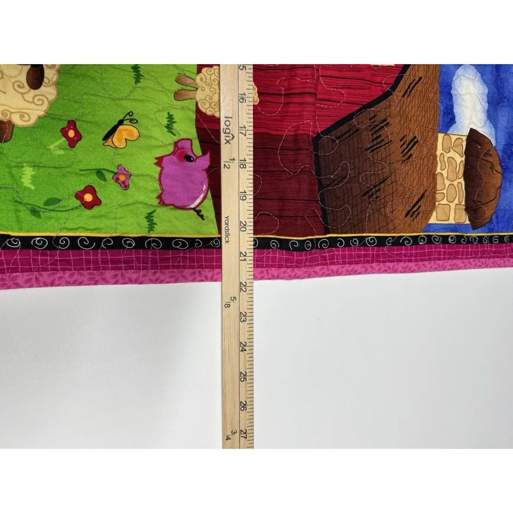 Vintage Handquilted Baby Quilt-Farm Animals~Cow Ducks Chicken Horse~39 x 21.5 In